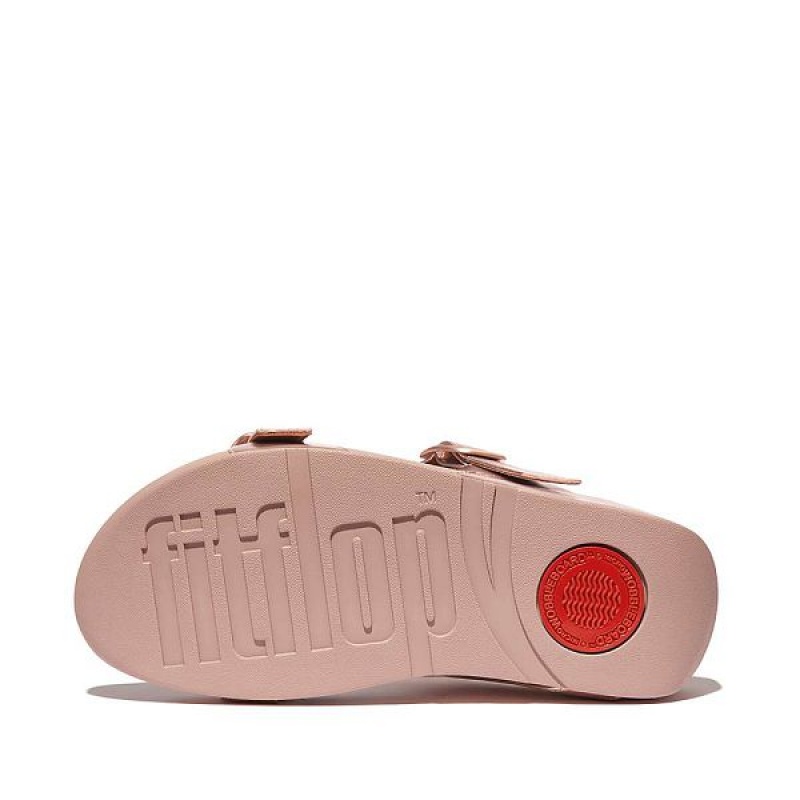 Rose Gold Women's FitFlop Lulu Adjustable Buckle Metallic Leather Slides | 287XIPDSF