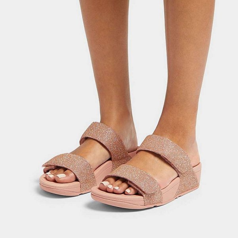 Rose Gold Women's FitFlop Lulu Adjustable Shimmerlux Slides | 840CAFNYJ