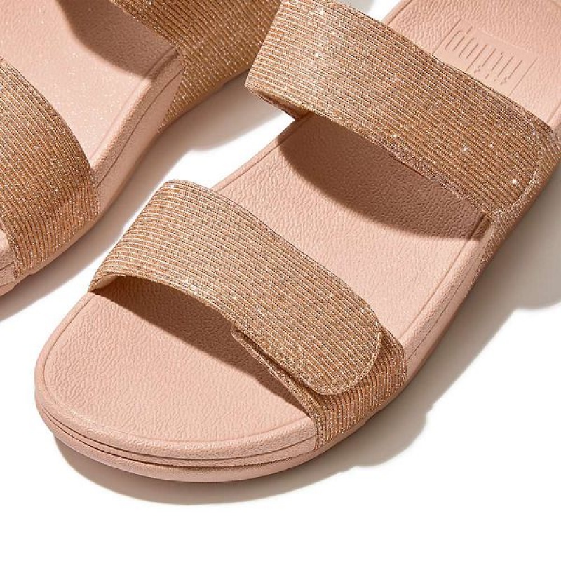 Rose Gold Women's FitFlop Lulu Adjustable Shimmerlux Slides | 840CAFNYJ