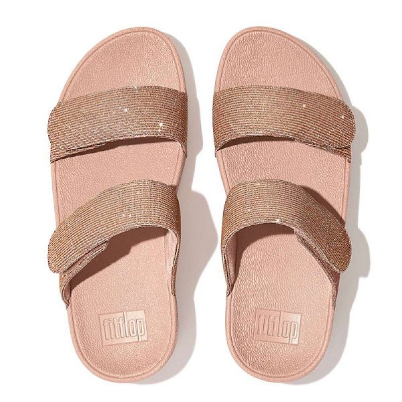 Rose Gold Women's FitFlop Lulu Adjustable Shimmerlux Slides | 840CAFNYJ