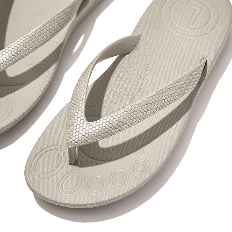 Silver Kids' FitFlop Iqushion Junior Shimmer Ergonomic Flip Flops | 528RZBDXF