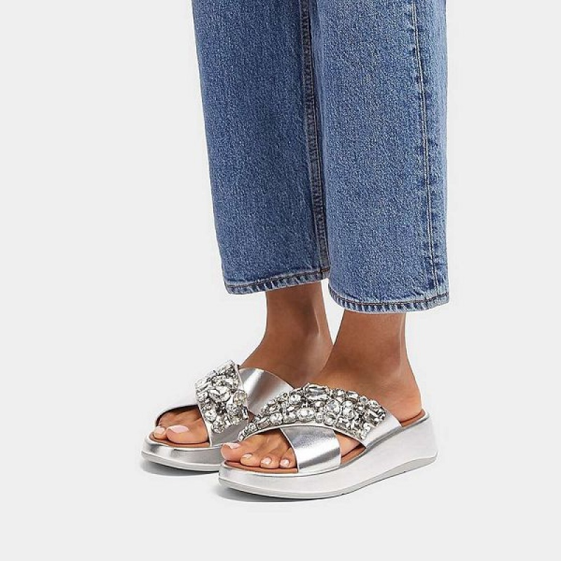 Silver Women's FitFlop F-Mode Jewel Deluxe Metallic Leather Flatform Cross Slides | 926FHMIYA