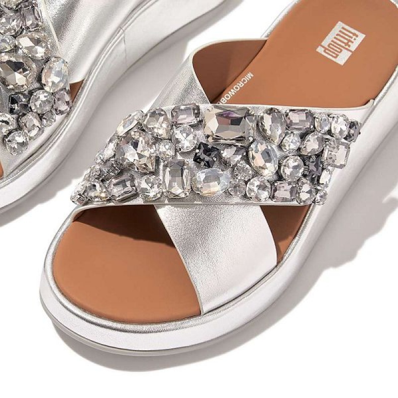 Silver Women's FitFlop F-Mode Jewel Deluxe Metallic Leather Flatform Cross Slides | 926FHMIYA