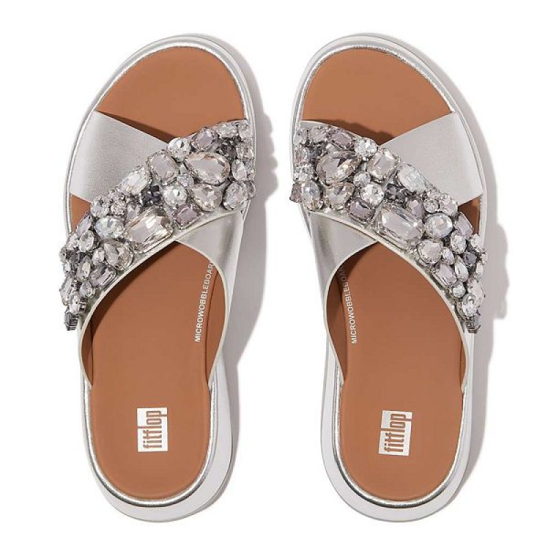 Silver Women's FitFlop F-Mode Jewel Deluxe Metallic Leather Flatform Cross Slides | 926FHMIYA