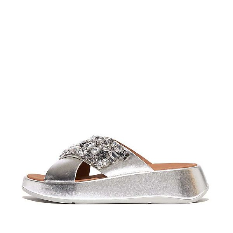 Silver Women\'s FitFlop F-Mode Jewel Deluxe Metallic Leather Flatform Cross Slides | 926FHMIYA