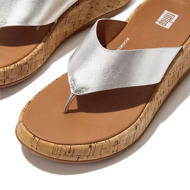 Silver Women's FitFlop F-Mode Metallic Leather Cork Flatform Toe-Post Sandals | 507MHBKZN