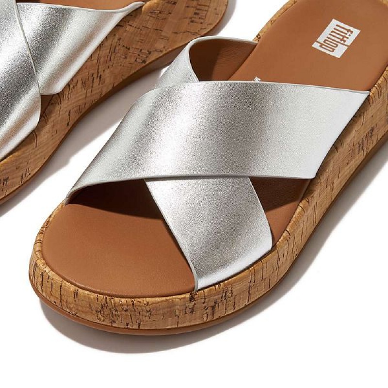 Silver Women's FitFlop F-Mode Metallic Leather Cork Flatform Cross Slides | 582JRHPBK