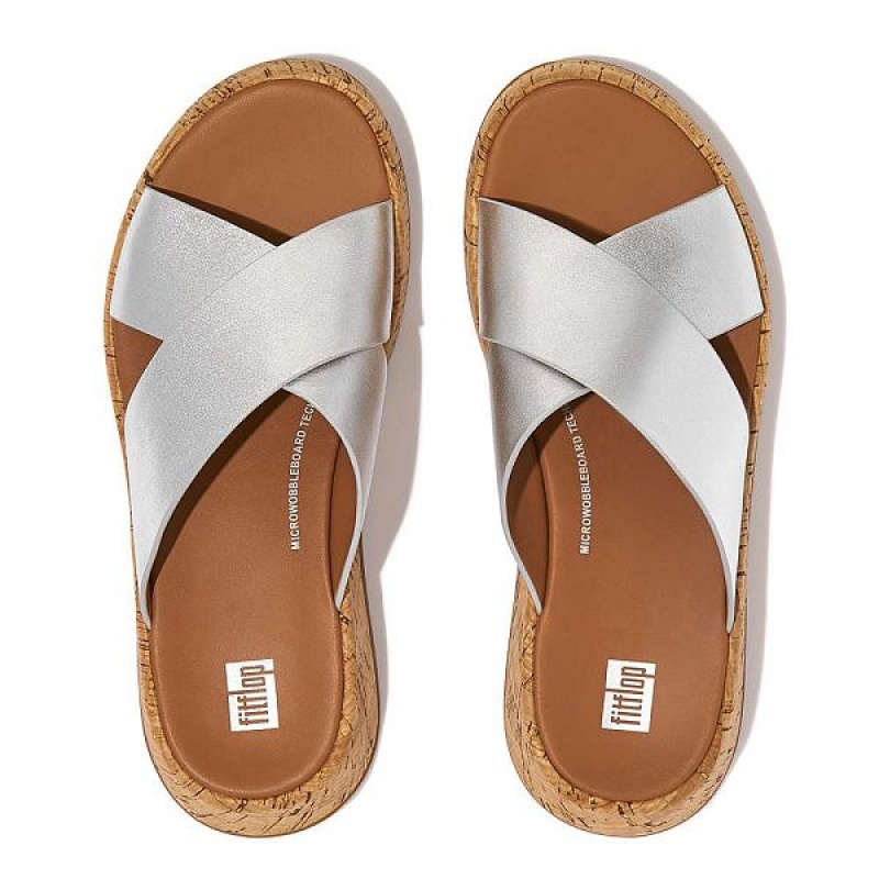 Silver Women's FitFlop F-Mode Metallic Leather Cork Flatform Cross Slides | 582JRHPBK