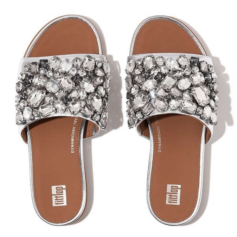 Silver Women's FitFlop Gracie Jewel Deluxe Metallic Leather Slides | 319ROKXPT