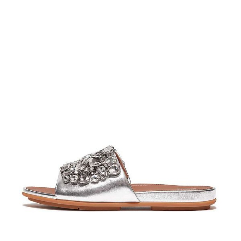 Silver Women\'s FitFlop Gracie Jewel Deluxe Metallic Leather Slides | 319ROKXPT