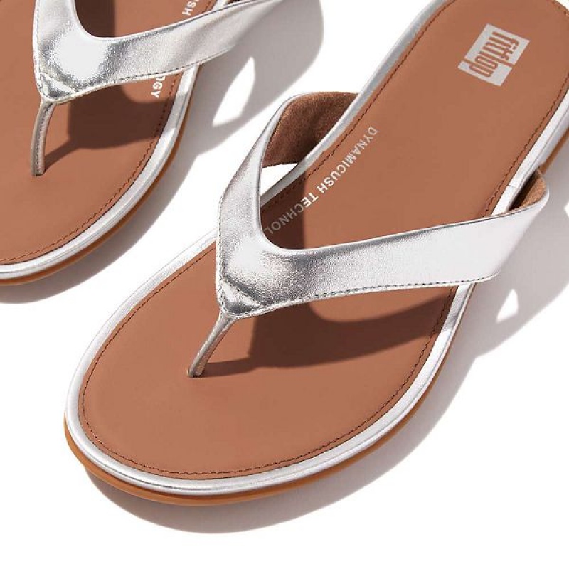 Silver Women's FitFlop Gracie Metallic Leather Flip Flops | 435SQXVRW