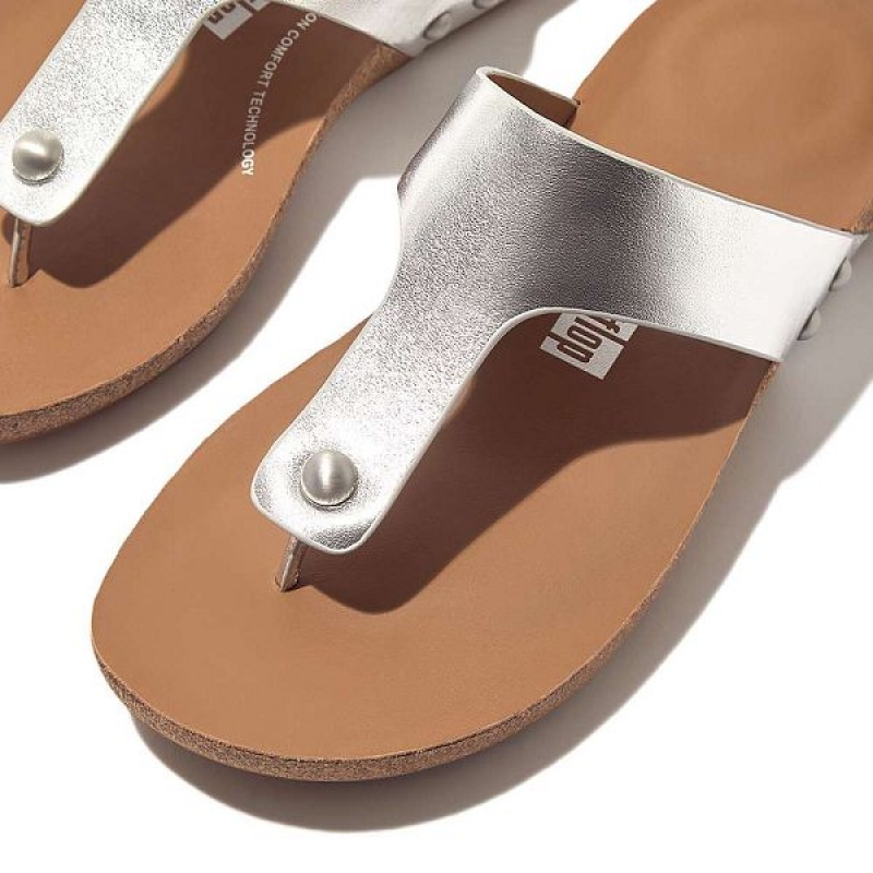 Silver Women's FitFlop Iqushion Metallic Leather Toe-Post Sandals | 506AYWNFJ