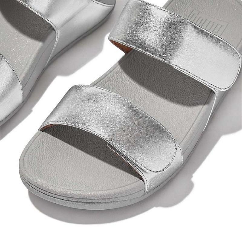 Silver Women's FitFlop Lulu Adjustable Leather Slides | 537ERGWBT