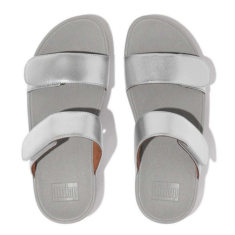 Silver Women's FitFlop Lulu Adjustable Leather Slides | 537ERGWBT