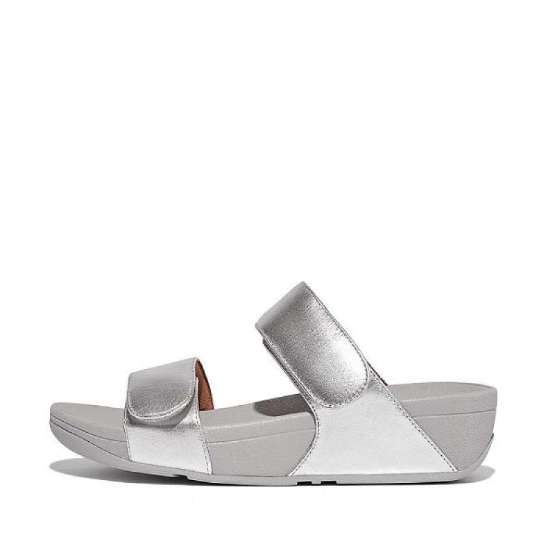 Silver Women\'s FitFlop Lulu Adjustable Leather Slides | 537ERGWBT