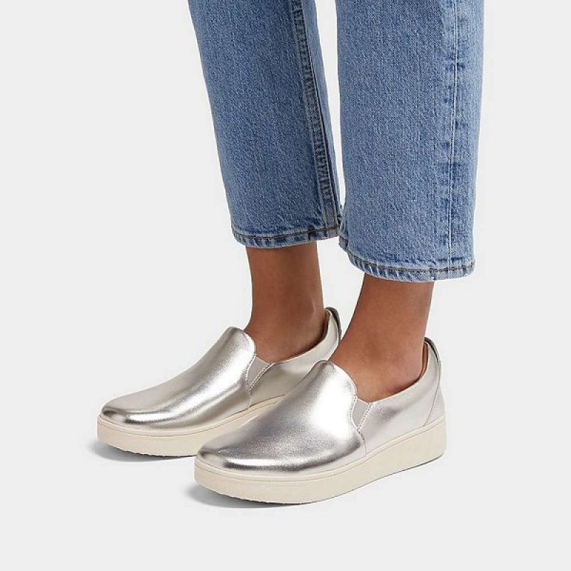 Silver Women's FitFlop Rally Metallic Leather Slip On Skate Sneakers | 146CASUBY