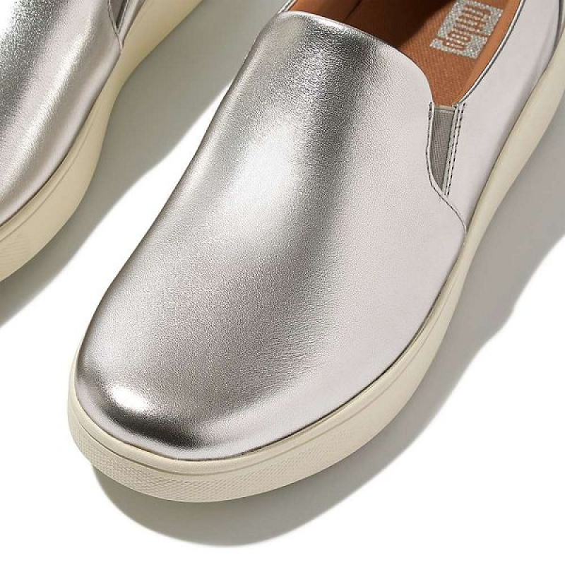 Silver Women's FitFlop Rally Metallic Leather Slip On Skate Sneakers | 146CASUBY