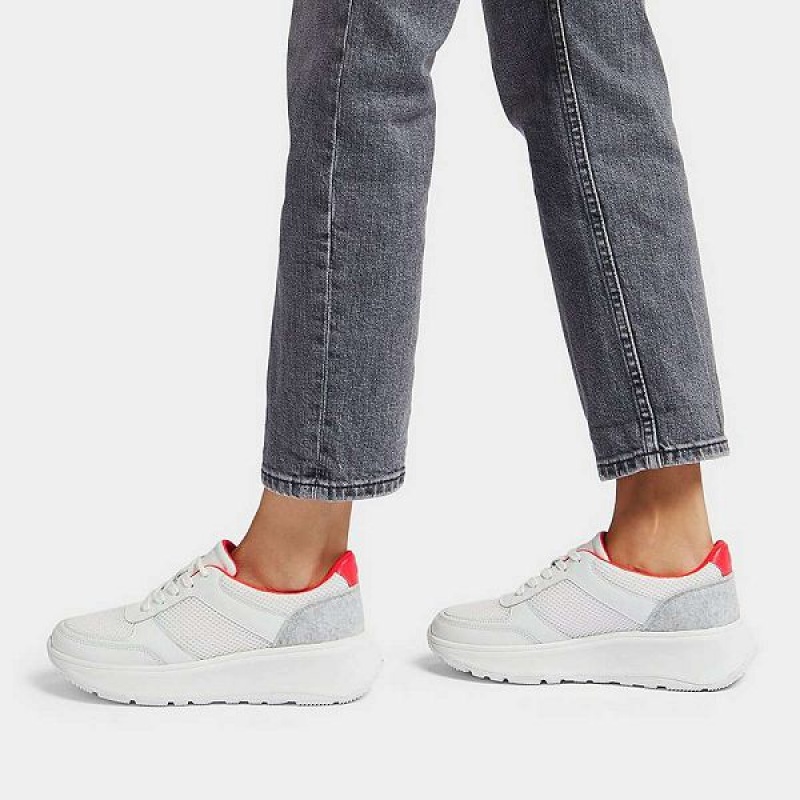 White Women's FitFlop F-Mode E01 Leather-Mix Flatform Sneakers | 615CLIAXG