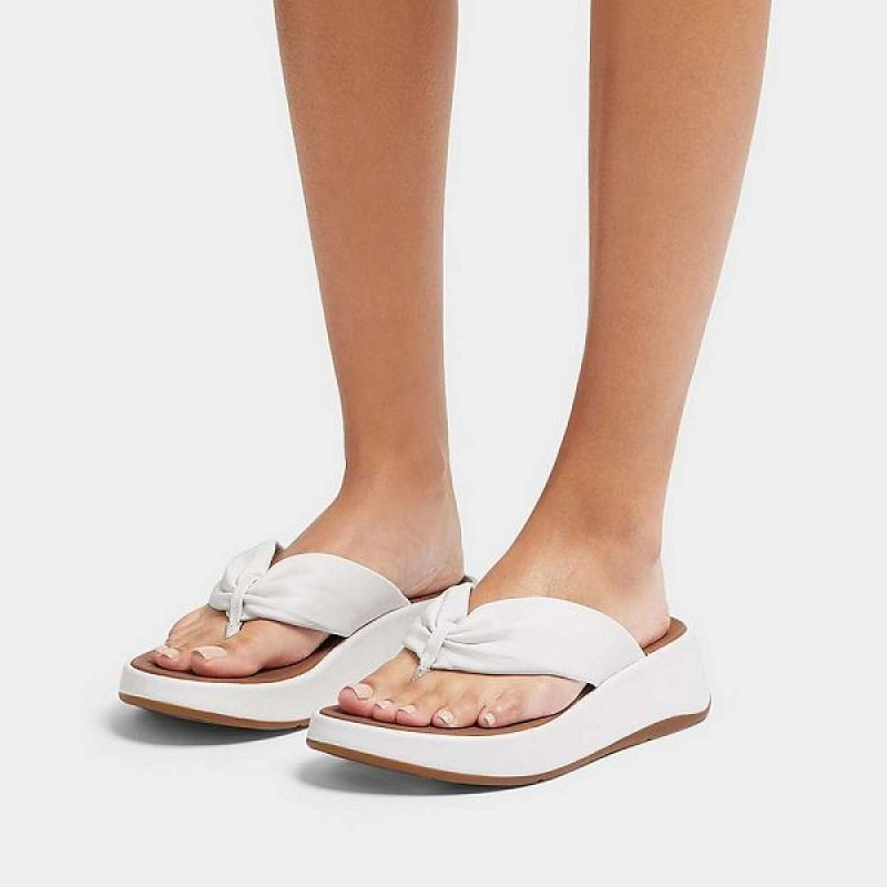 White Women's FitFlop F-Mode Leather Twist Flatform Toe-Post Sandals | 814HNTPQG