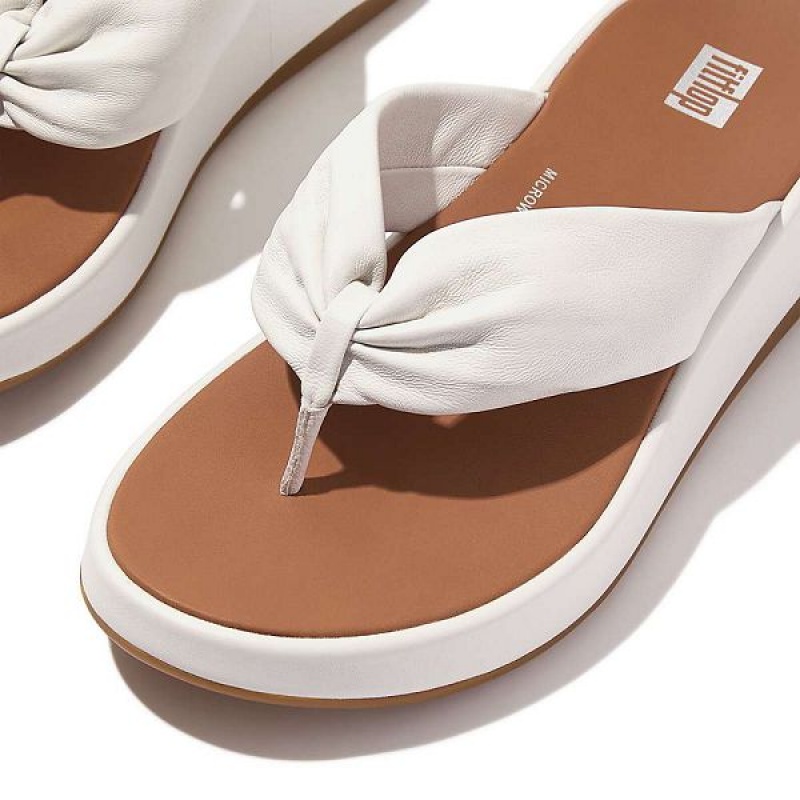 White Women's FitFlop F-Mode Leather Twist Flatform Toe-Post Sandals | 814HNTPQG