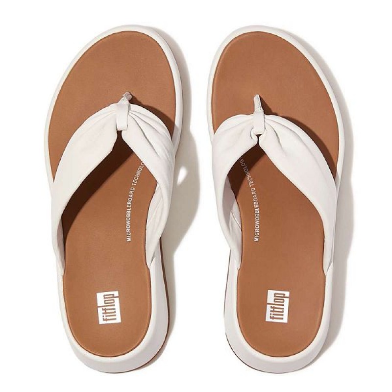 White Women's FitFlop F-Mode Leather Twist Flatform Toe-Post Sandals | 814HNTPQG