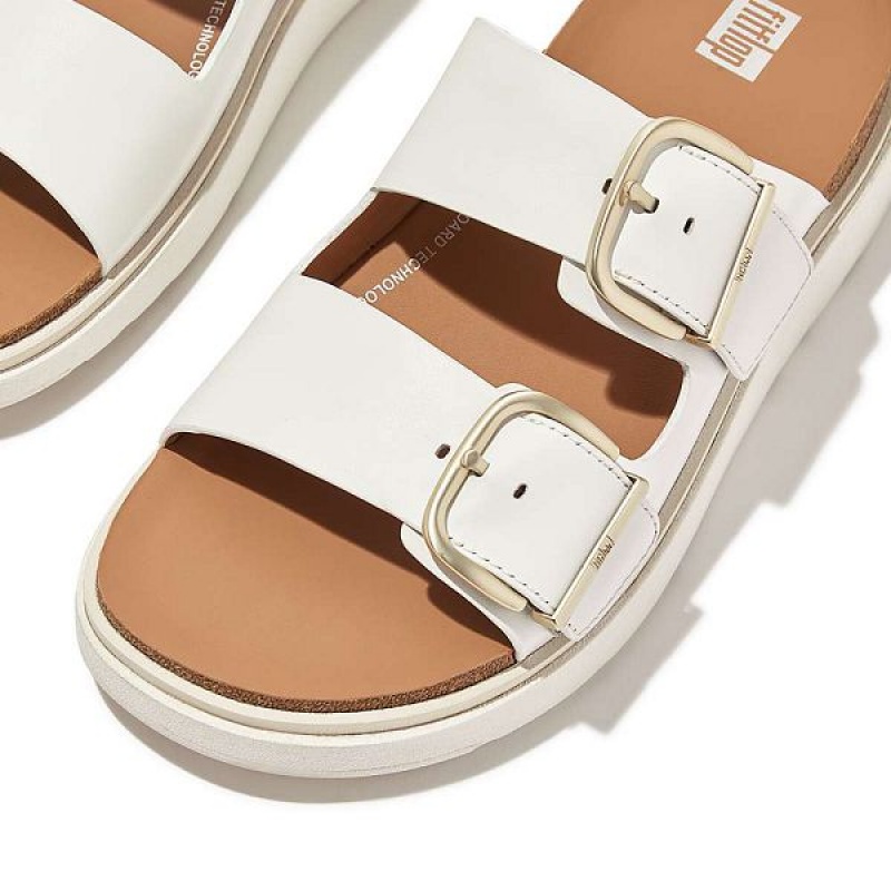 White Women's FitFlop Gen-Ff Buckle Two Bar Leather Slides | 403ZESVQK