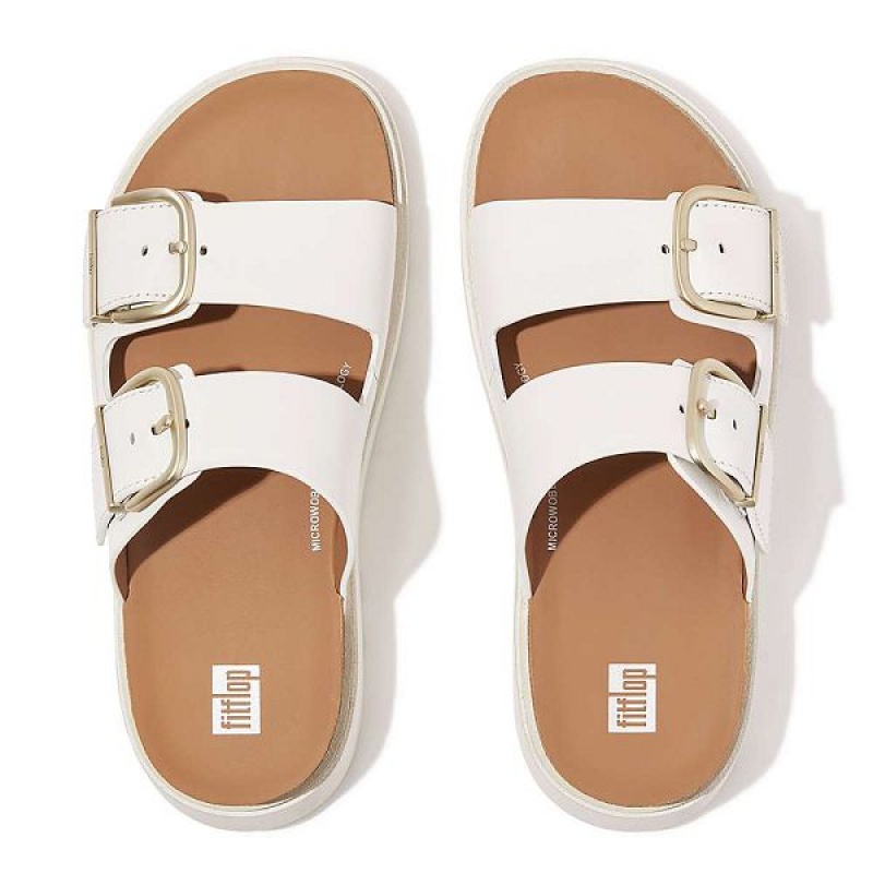 White Women's FitFlop Gen-Ff Buckle Two Bar Leather Slides | 403ZESVQK