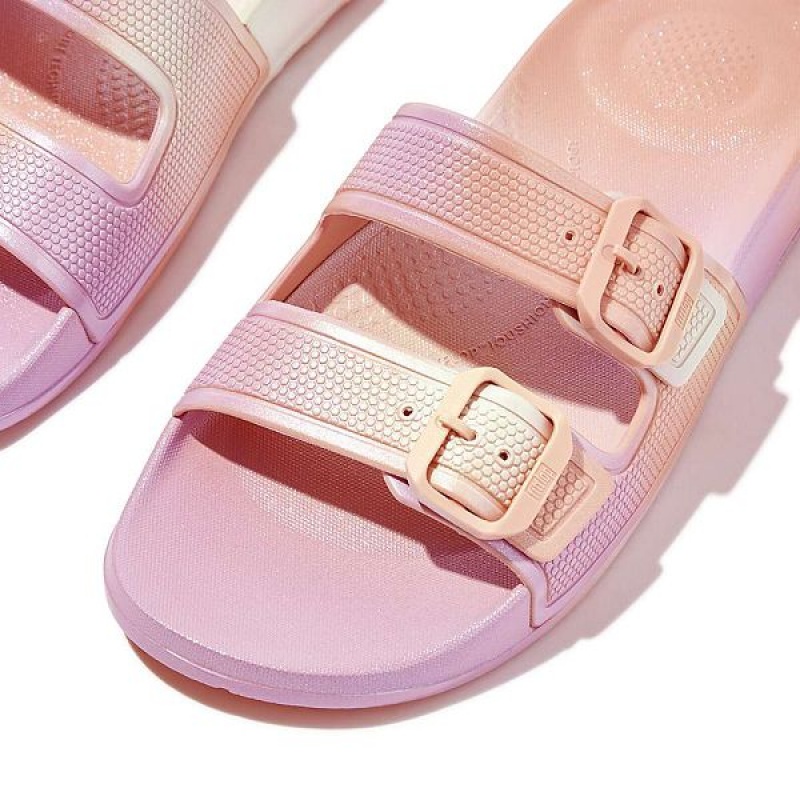 White Women's FitFlop Iqushion Iridescent Two Bar Buckle Sliders Slides | 472VTXUAS