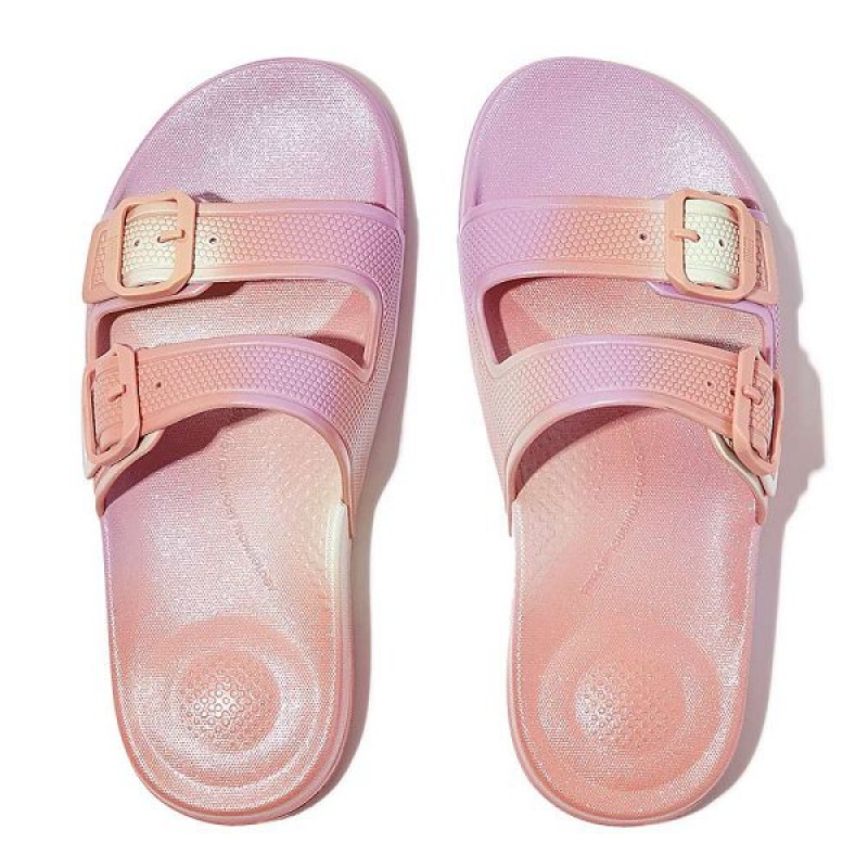 White Women's FitFlop Iqushion Iridescent Two Bar Buckle Sliders Slides | 472VTXUAS