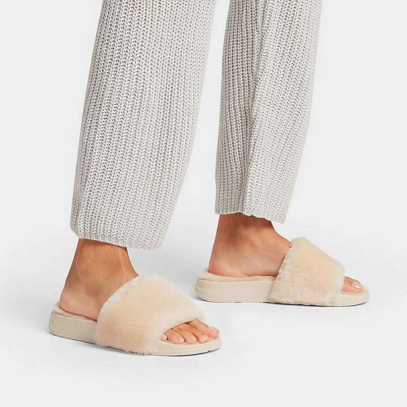 White Women's FitFlop Iqushion Shearling Slides | 295KZHQUS