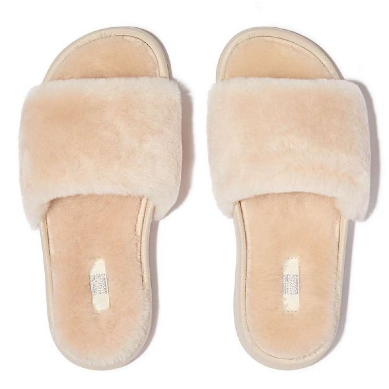 White Women's FitFlop Iqushion Shearling Slides | 295KZHQUS