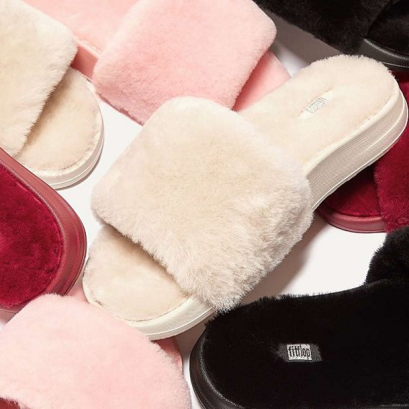 White Women's FitFlop Iqushion Shearling Slides | 295KZHQUS