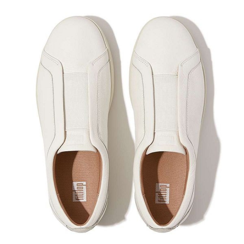 White Women's FitFlop Rally Elastic Tumbled Leather Slip On Sneakers | 614CWLHKJ