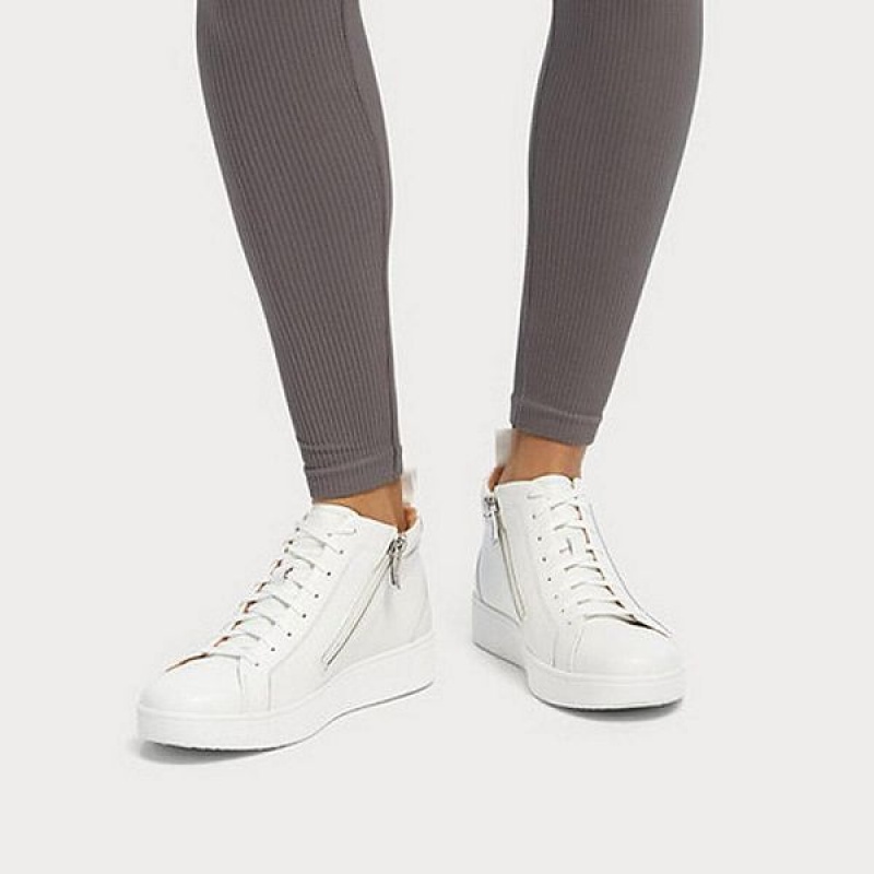 White Women's FitFlop Rally Leather High Top Sneakers | 746JTVWNE