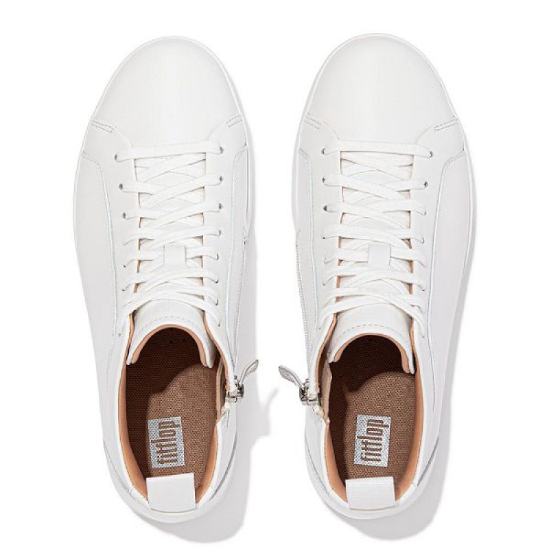 White Women's FitFlop Rally Leather High Top Sneakers | 746JTVWNE