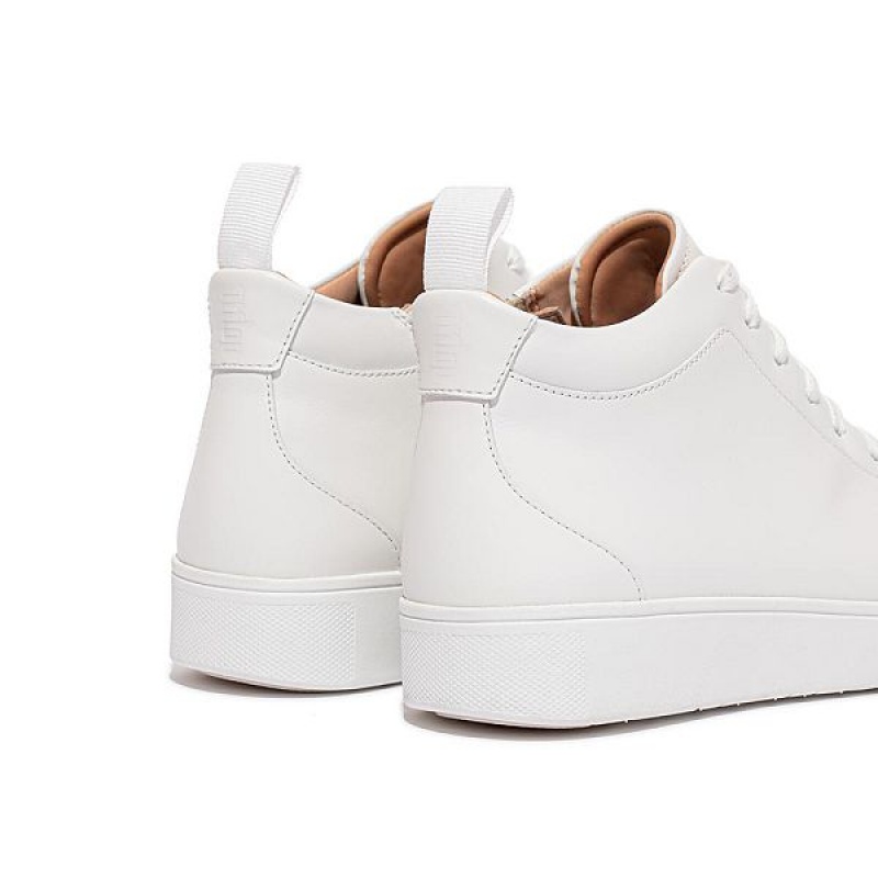 White Women's FitFlop Rally Leather High Top Sneakers | 746JTVWNE