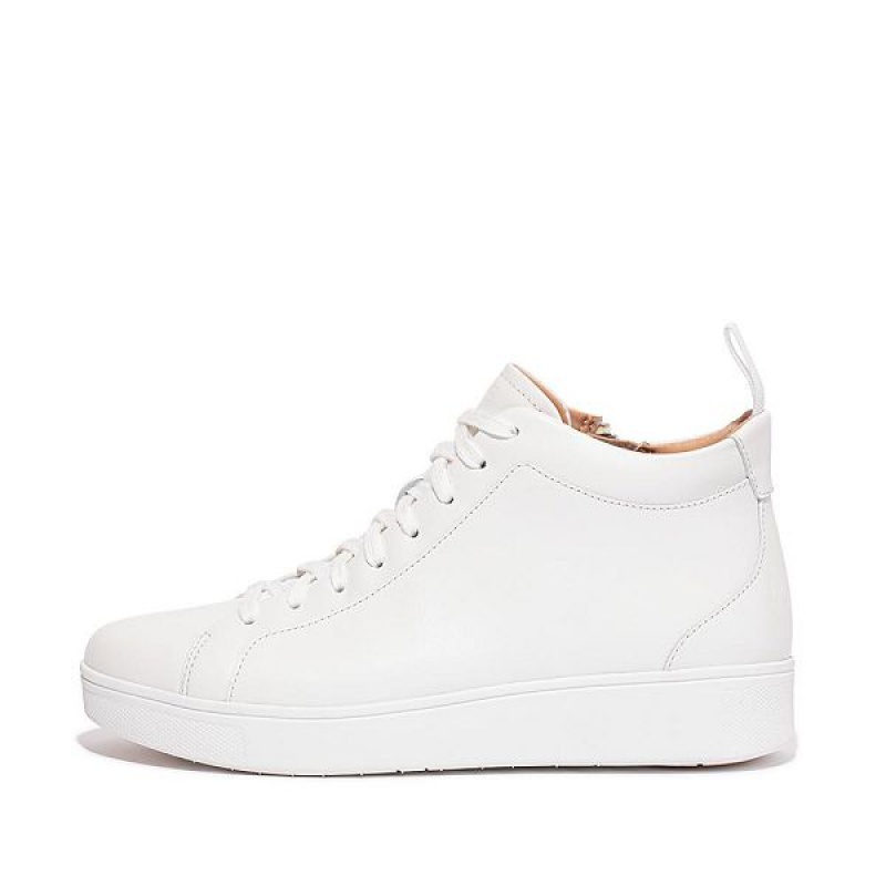 White Women\'s FitFlop Rally Leather High Top Sneakers | 746JTVWNE