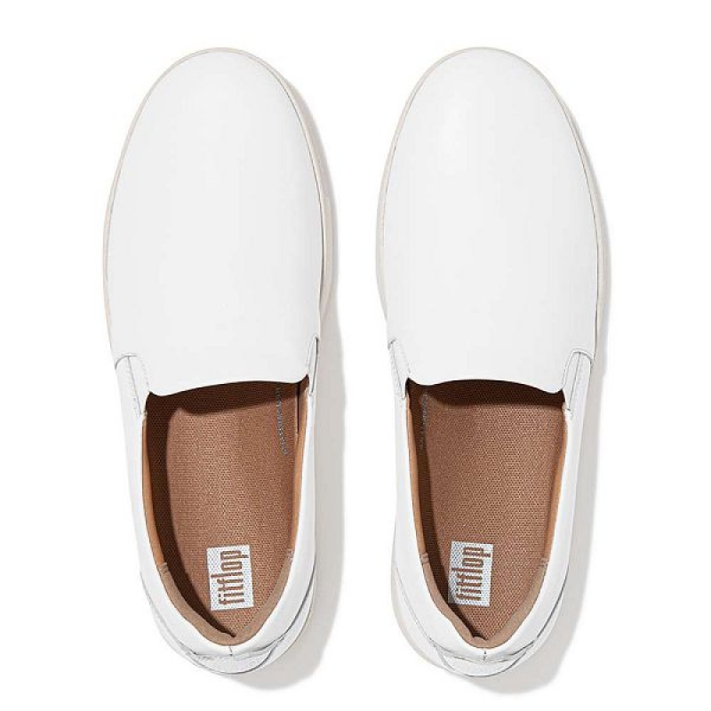 White Women's FitFlop Rally Leather Slip On Skate Sneakers | 098ITLEAR