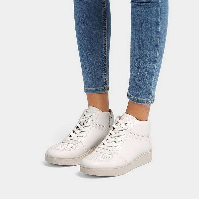 White Women's FitFlop Rally Perf Leather Mid Top Panel Sneakers | 980WIYAFM