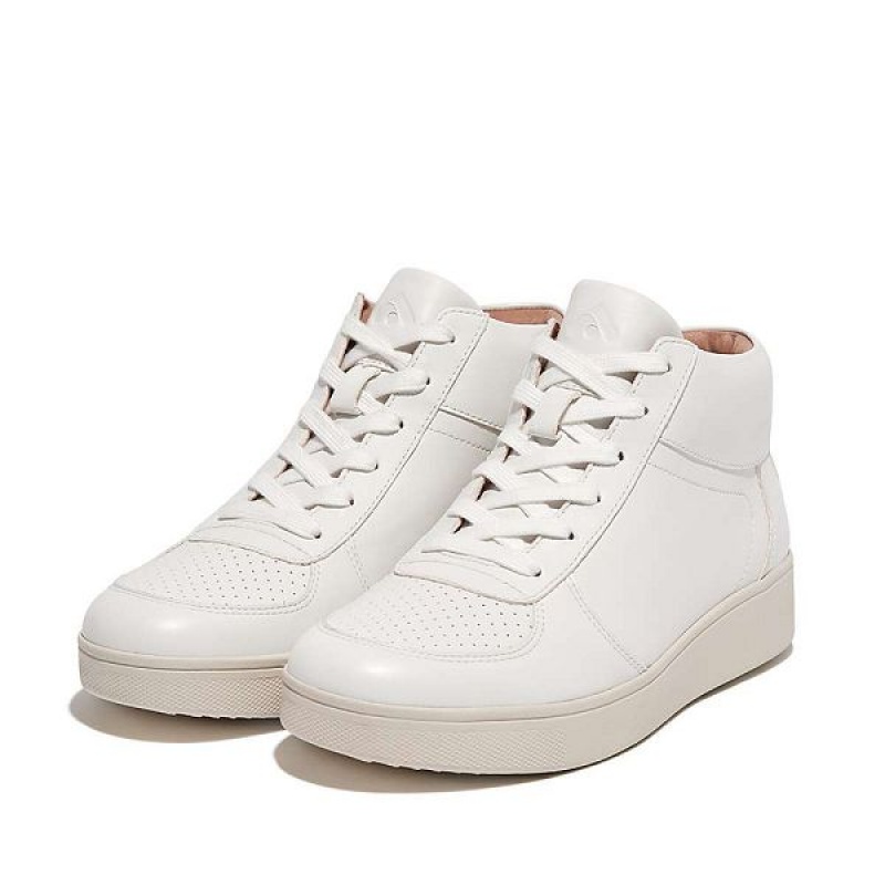 White Women's FitFlop Rally Perf Leather Mid Top Panel Sneakers | 980WIYAFM