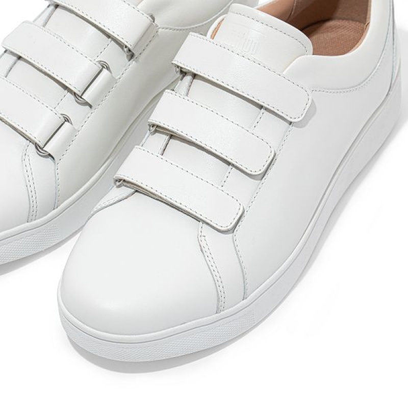 White Women's FitFlop Rally Strap Leather Sneakers | 438OWTFCG