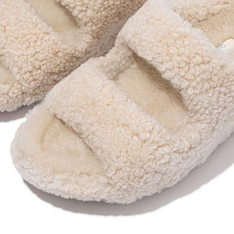 White Women's FitFlop Shuv Two Bar Shearling Slides | 027XFTRYH