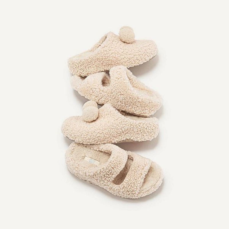 White Women's FitFlop Shuv Two Bar Shearling Slides | 027XFTRYH