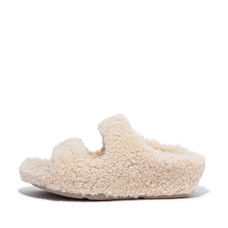 White Women\'s FitFlop Shuv Two Bar Shearling Slides | 027XFTRYH