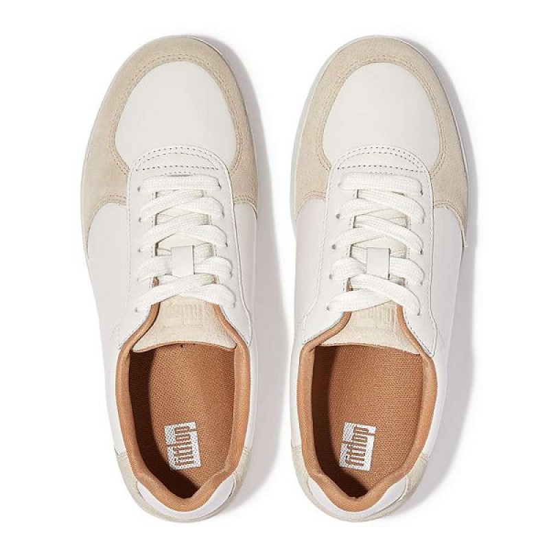 White / Beige Women's FitFlop Rally Leather Suede Panel Sneakers | 475HSQVGD