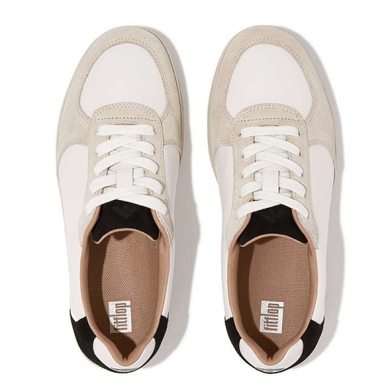 White / Black Women's FitFlop Rally Leather Suede Panel Sneakers | 637BXATGR