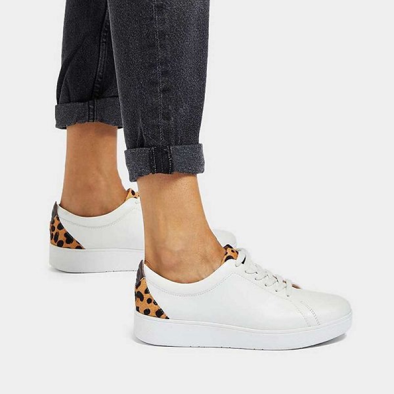 White / Leopard Women's FitFlop Rally Leopard Back Leather Sneakers | 768BOWFUX