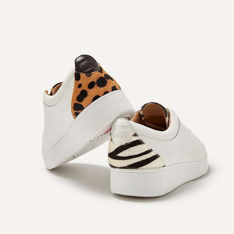 White / Leopard Women's FitFlop Rally Leopard Back Leather Sneakers | 768BOWFUX